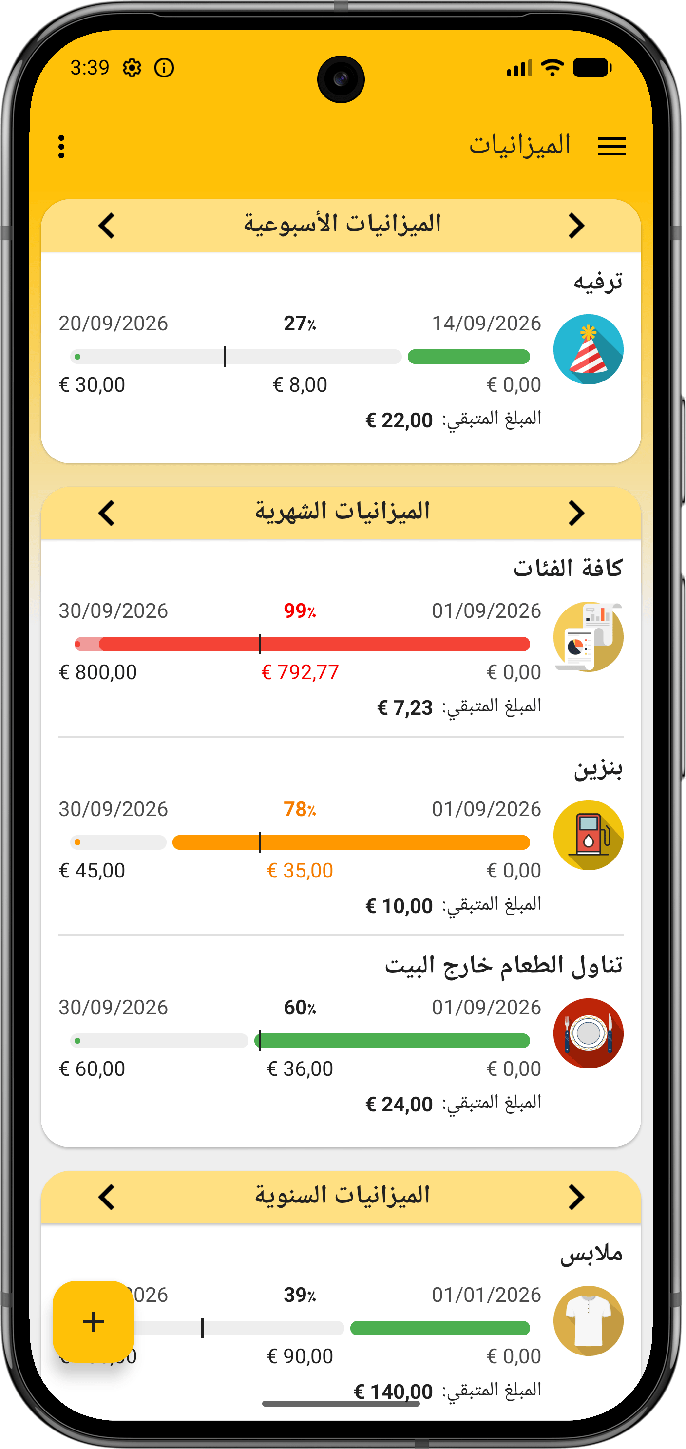 شاشة الميزانيات في ميزانية سريعة تعرض الميزانيات الأسبوعية والشهرية والسنوية وتقدمها