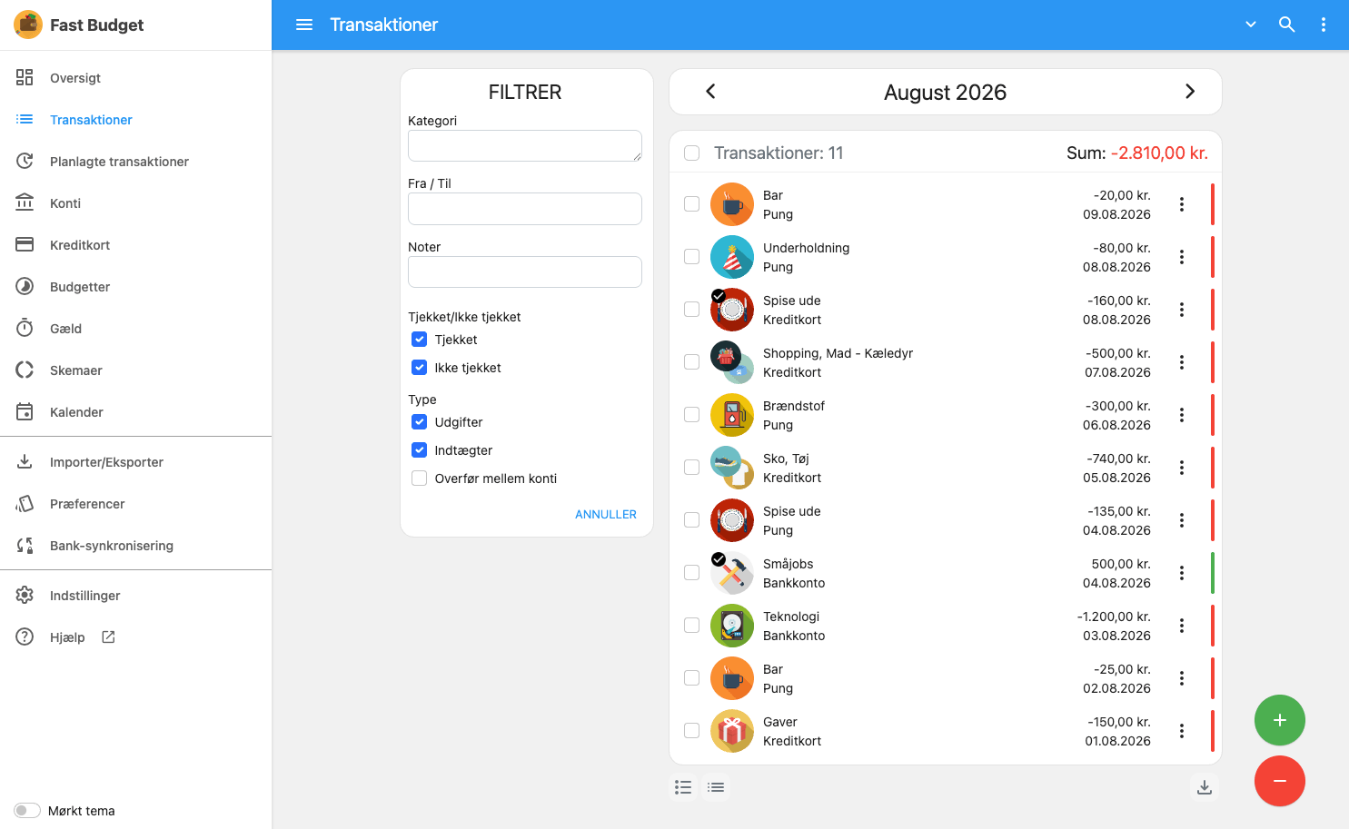 Fast Budget webapp Transaktioner-side