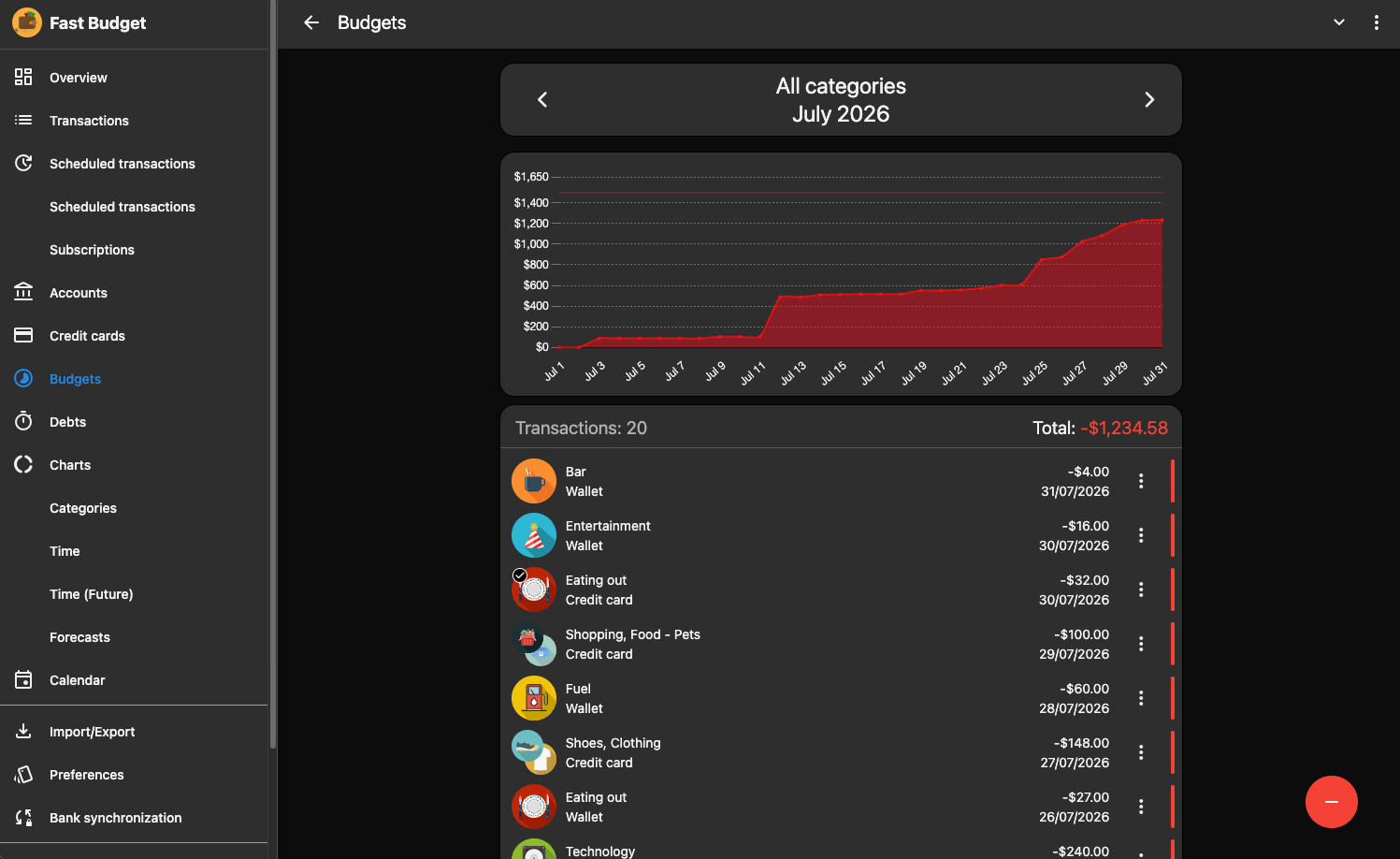 Fast Budget web app budget details with its transactions, in dark mode