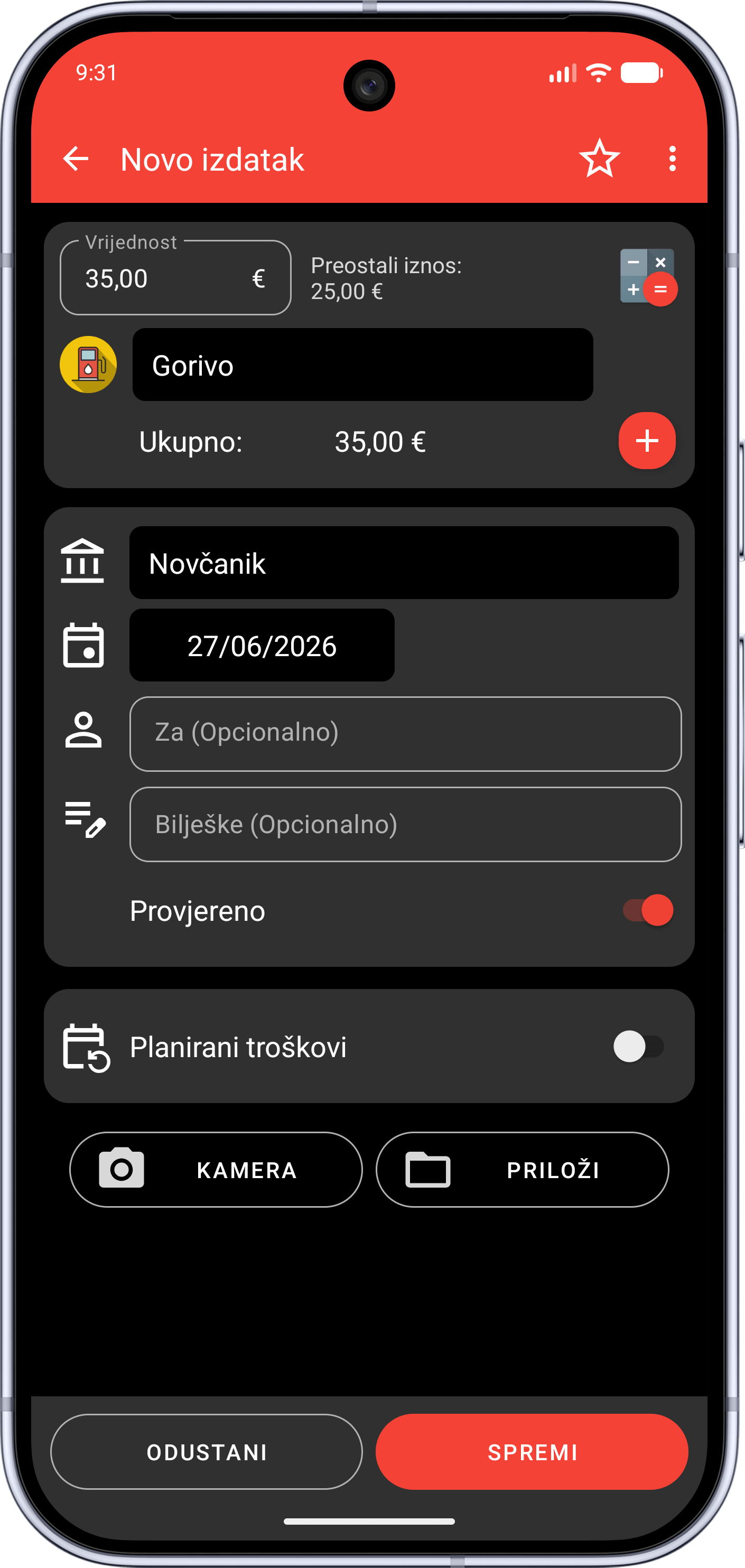 Zaslon nove transakcije u Brzom Budžetu u tamnom režimu