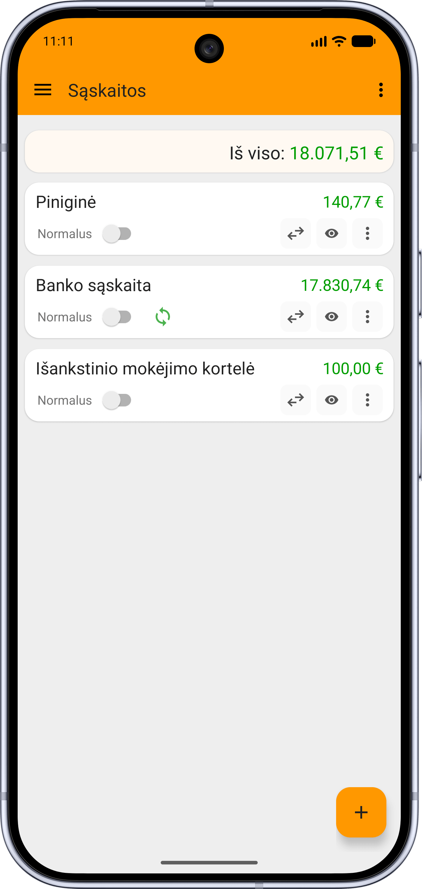 Fast Budget sąskaitų ekranas su banko sąskaitomis, likučiais ir grafikais