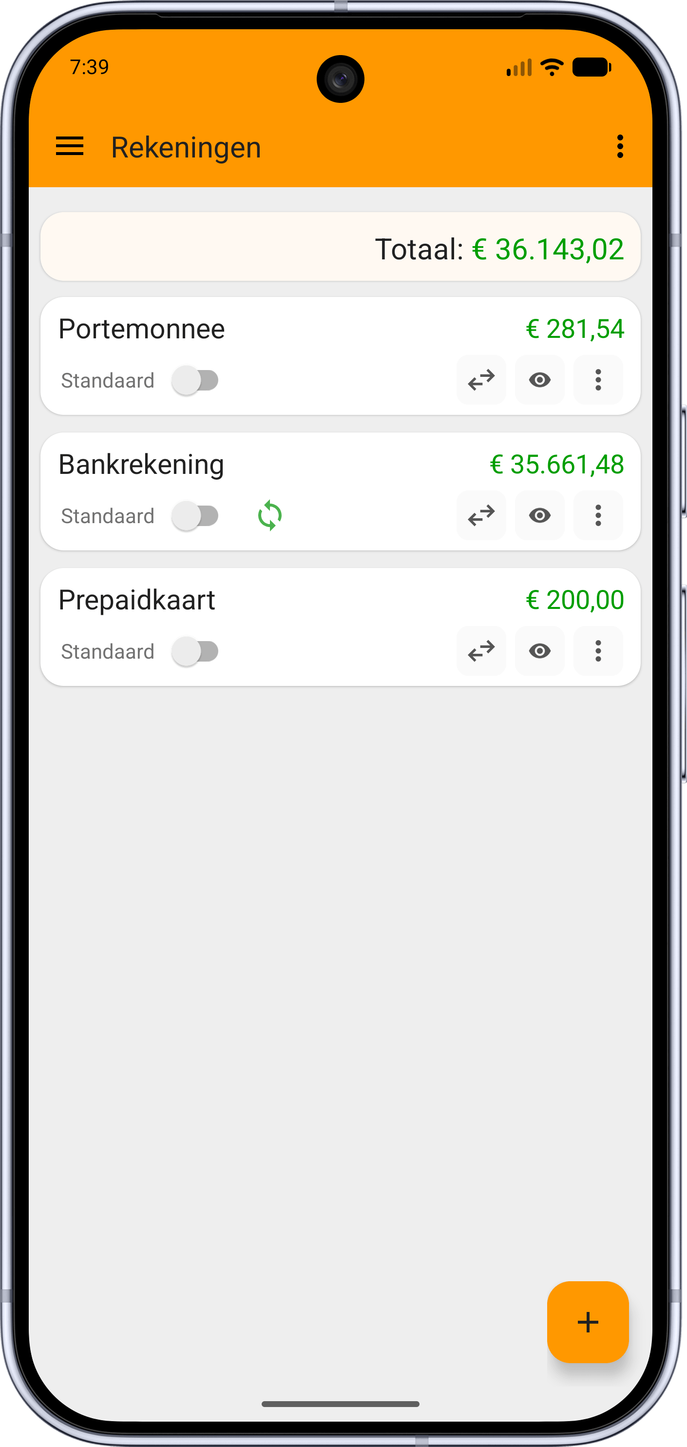 Fast Budget Rekeningen-scherm met bankrekeningen, saldi en grafieken
