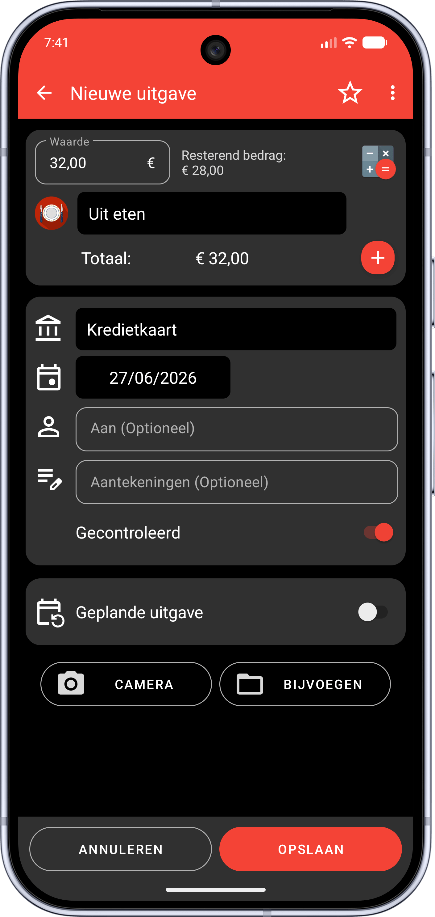Fast Budget scherm voor nieuwe transactie in donkere modus