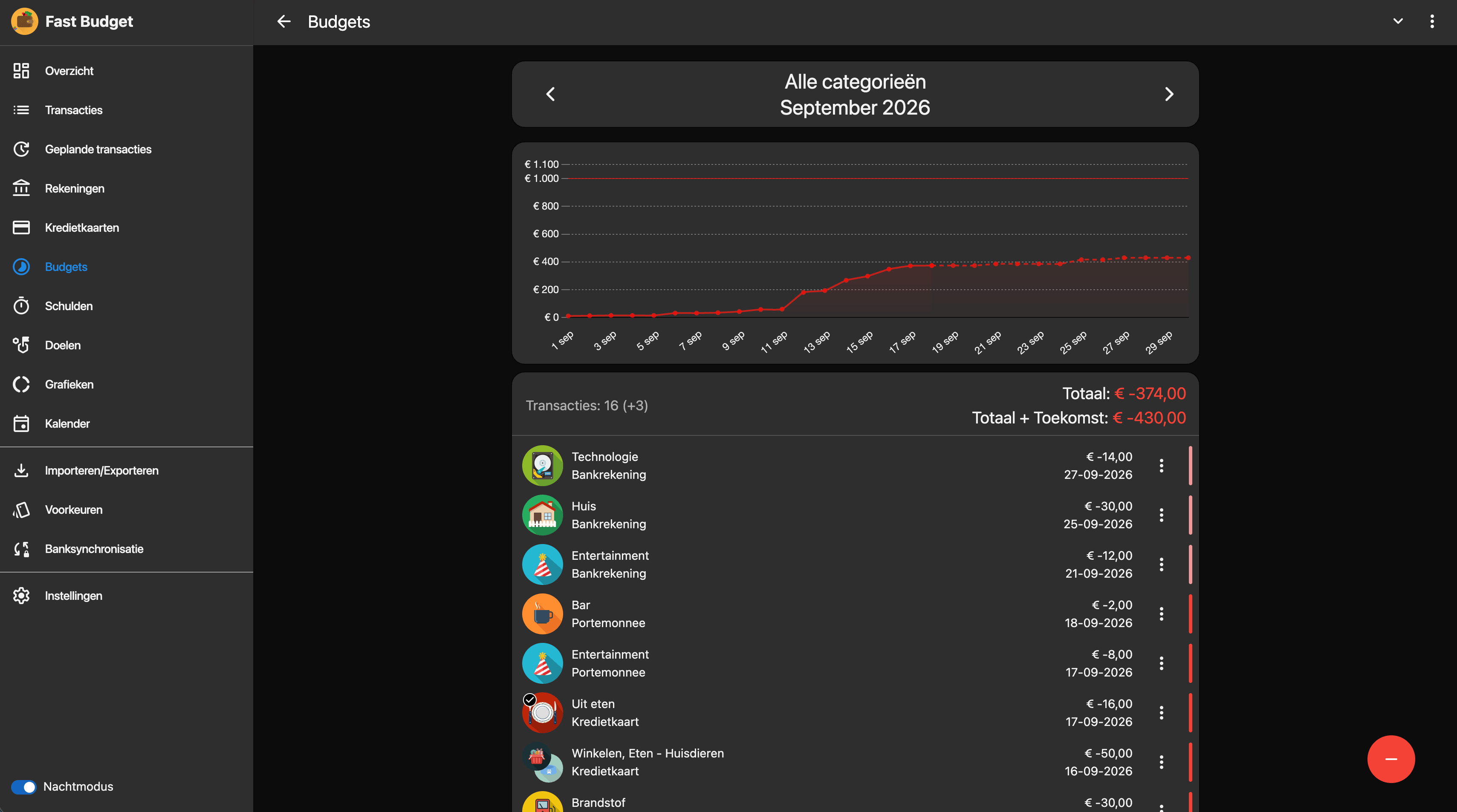 Fast Budget webapp Transacties-pagina in donkere modus
