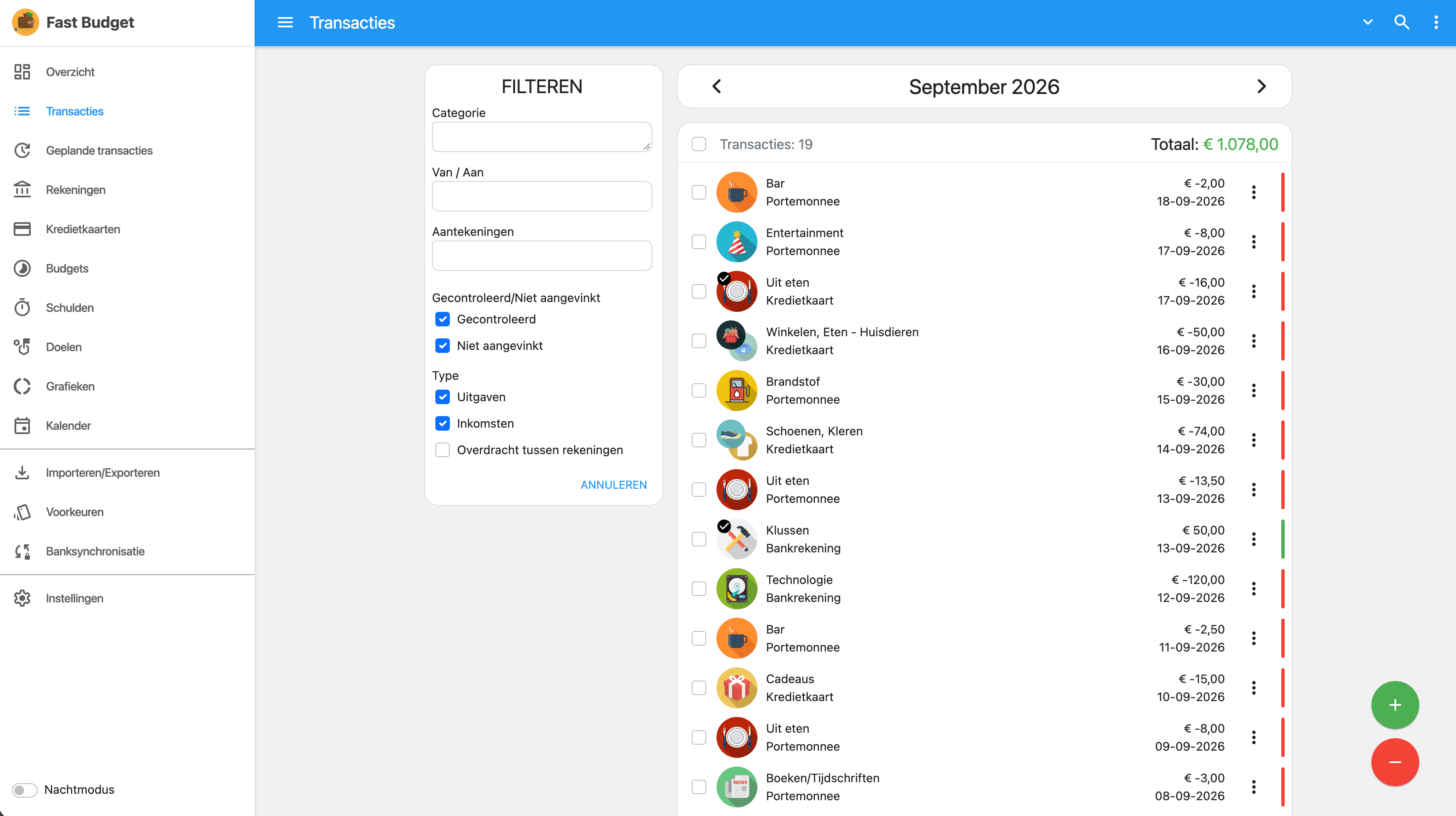 Fast Budget webapp Transacties-pagina