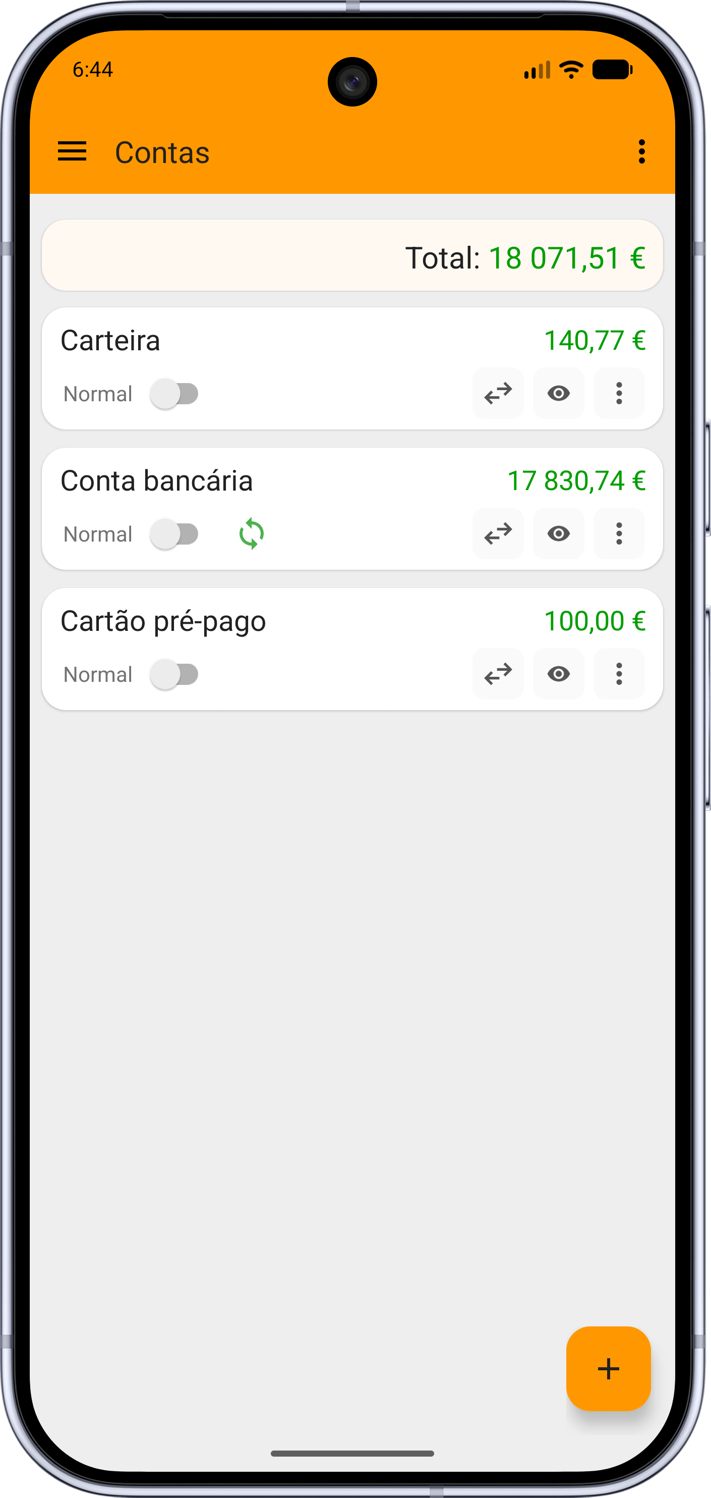 Ecrã de Contas do Orçamento Fácil com contas bancárias, saldos e gráficos
