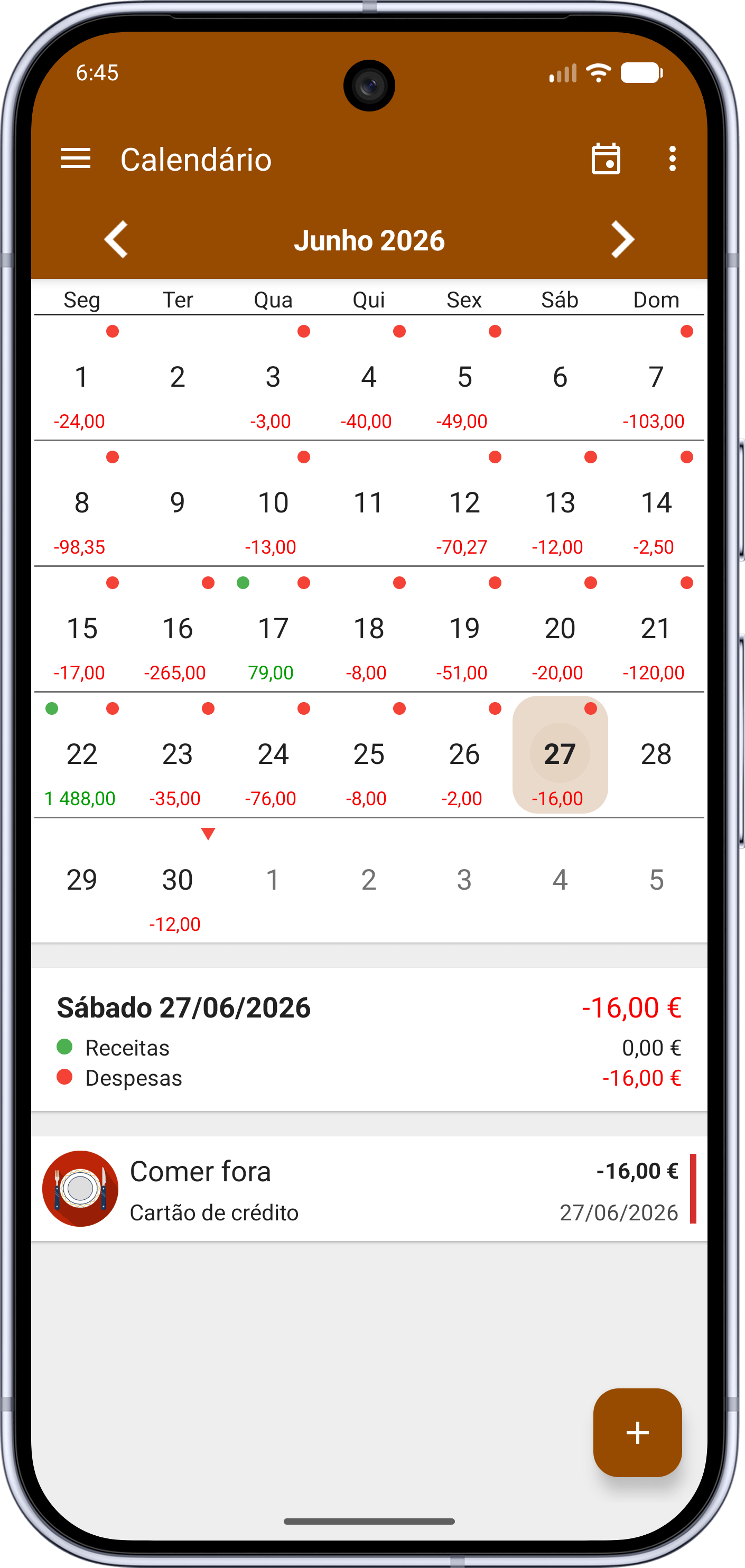 Calendário do Orçamento Fácil com as receitas e despesas diárias