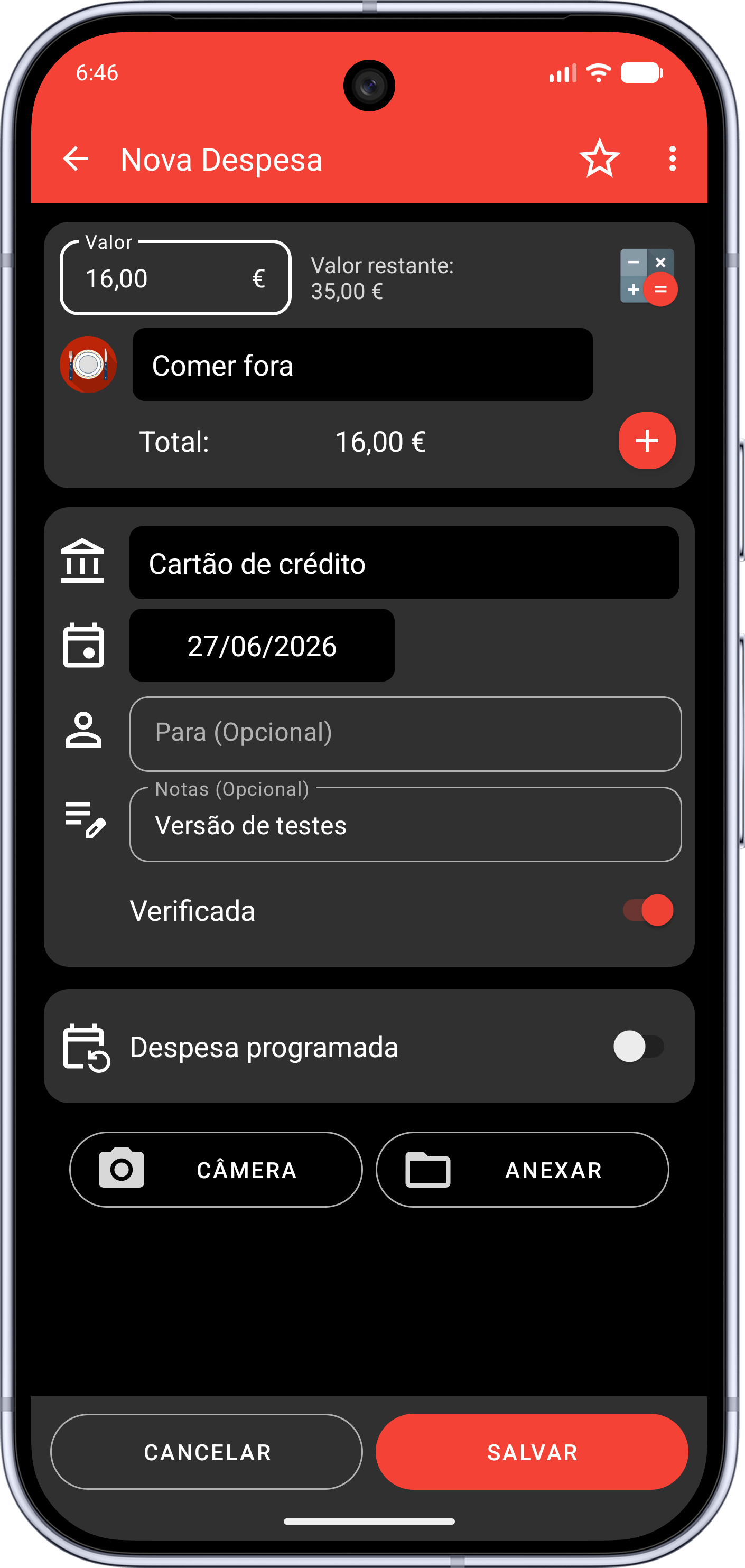 Ecrã de nova transação do Orçamento Fácil em modo escuro