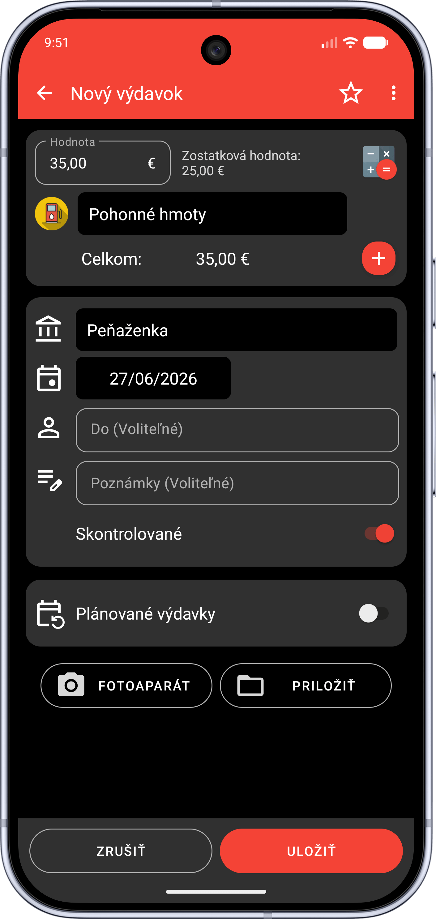 Obrazovka novej transakcie v Rýchly Rozpočet v tmavom režime