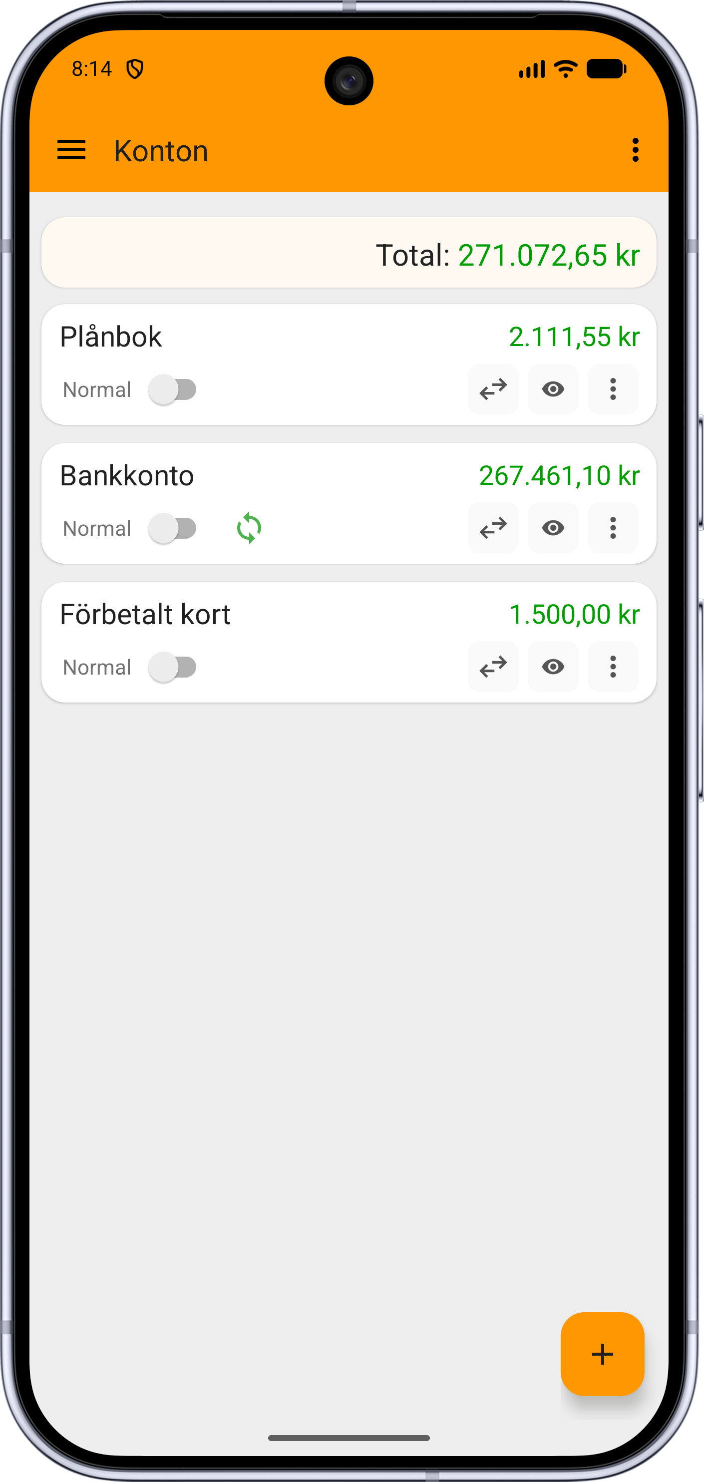 Fast Budget Konton-skärm med bankkonton, saldon och diagram