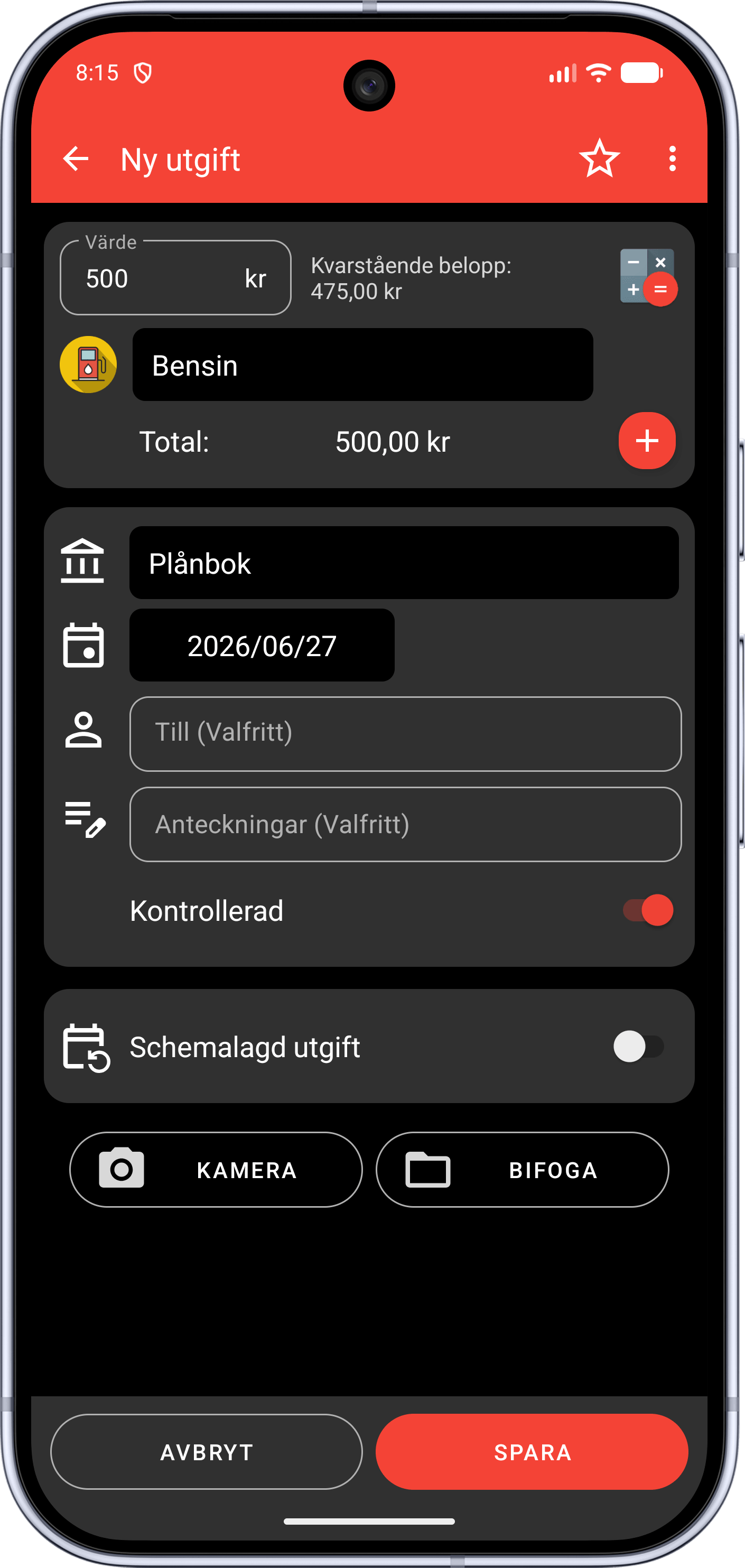 Fast Budget ny transaktion-skärm i mörkt läge
